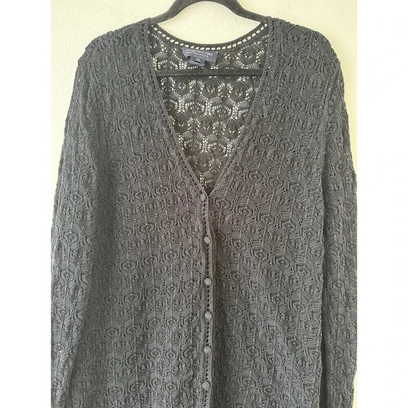 Jones New York 1X Open Knit Crochet Cardigan Long Length Whimsygoth Witchy Goth - Picture 2 of 7